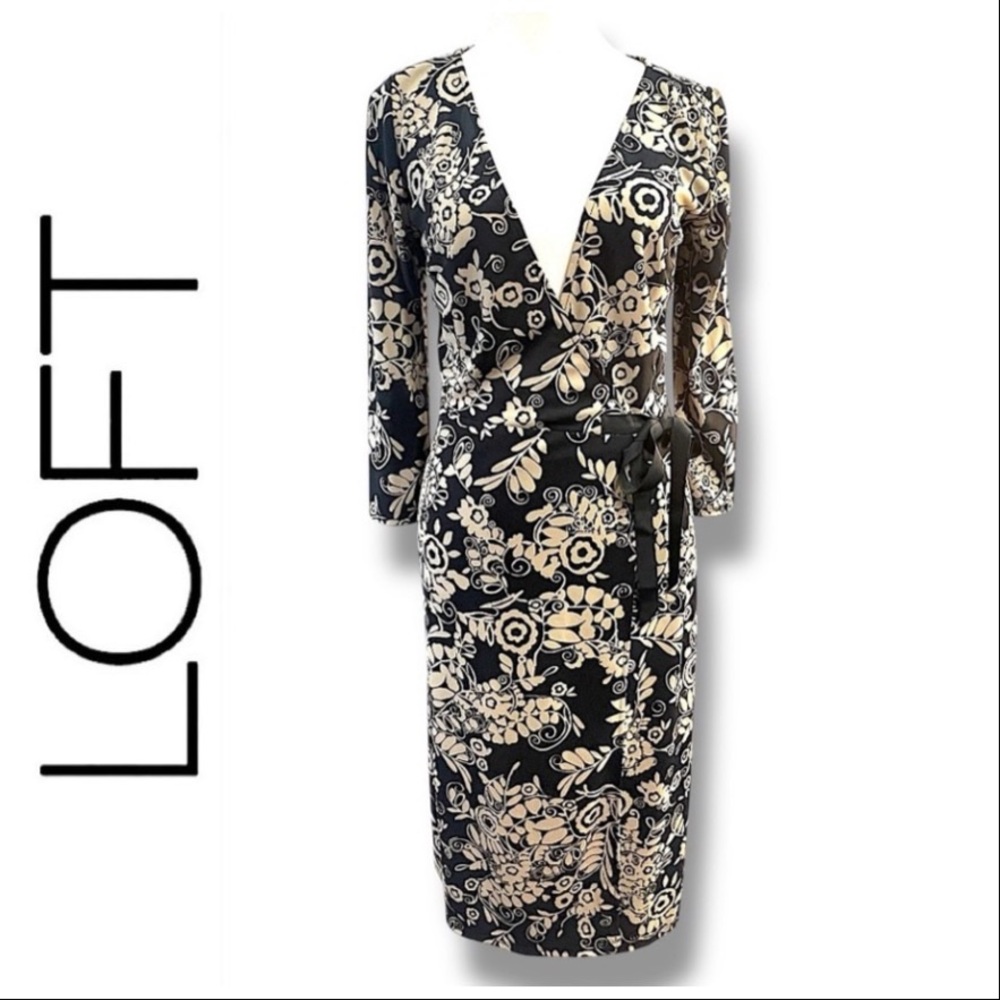 LOFT Classic Wrap Maxi Dress in Black & Light Taupe Floral  SZ 0